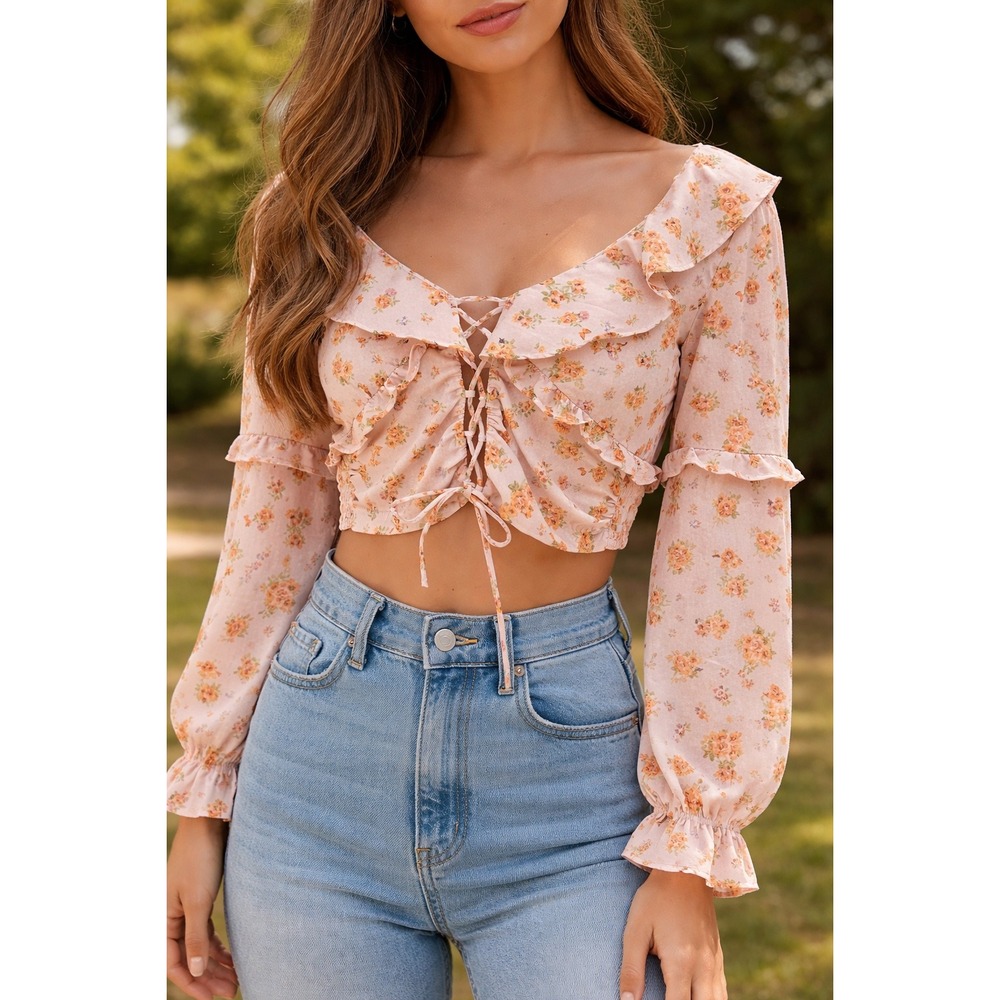 Jolie & Joy Floral Romantic Boho Cottagecore Coquette Lace Up Ruffle Crop L